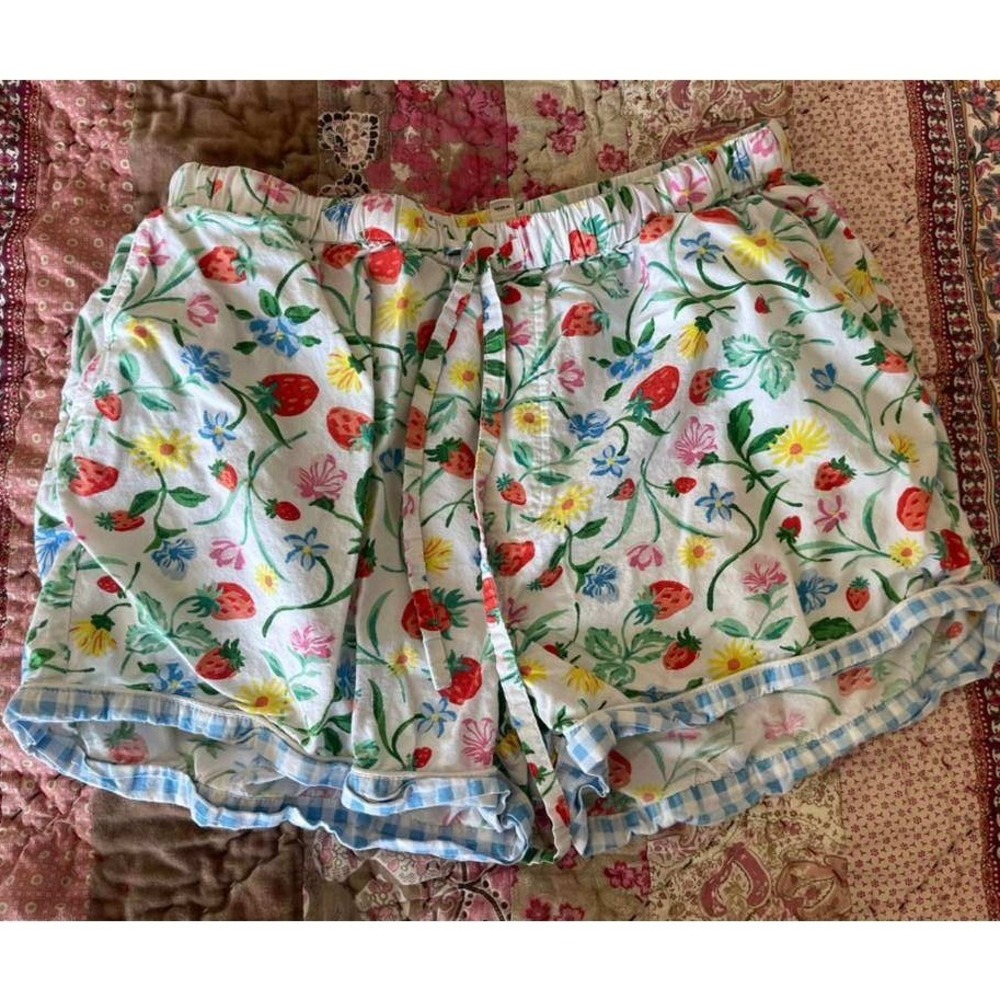 Printfresh Strawberry Floral Organic Cotton Pajama Shorts S White Gingham Trim